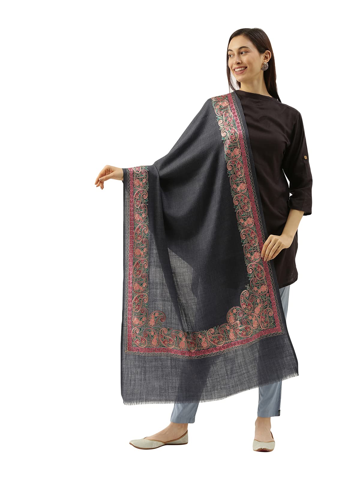 Pashmoda Womens 100% Pure Wool Nalki Embroidered Stole, Shawl and Wrap, Woolmark Certified, Sustainable and Natural Fabric (Size