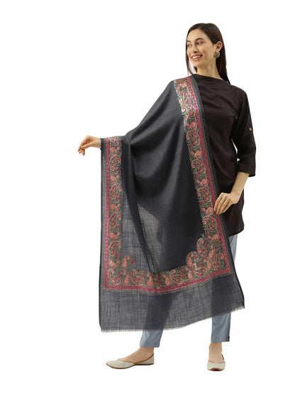 Pashmoda Womens 100% Pure Wool Nalki Embroidered Stole, Shawl and Wrap, Woolmark Certified, Sustainable and Natural Fabric (Size