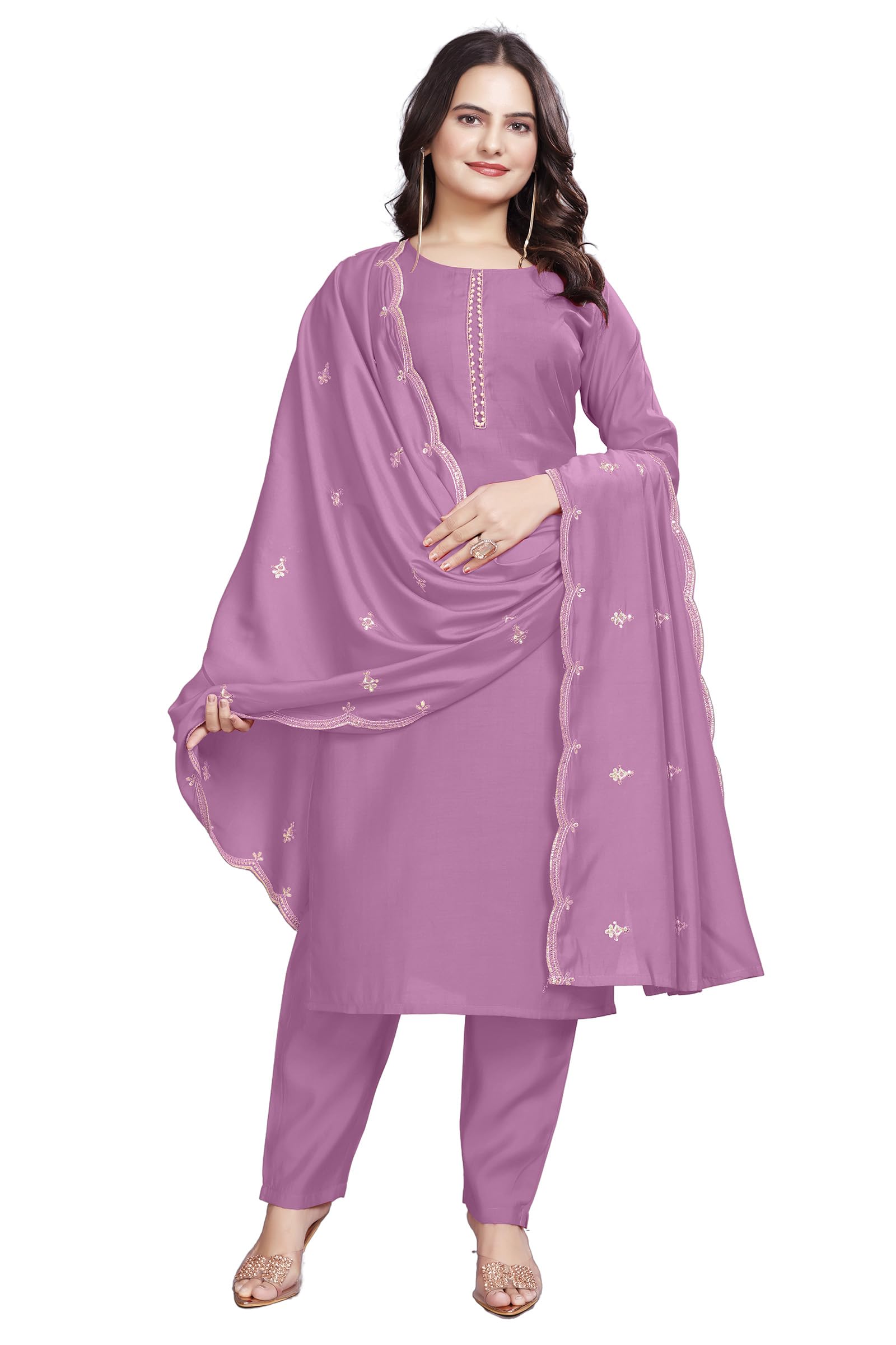 Satpurush WomenS Lavender Cotton Silk Round Neck 3/4Th Sleeve Floral Embroidery Straight Kurta Salwar Suit Set With Pant(Bvm-15