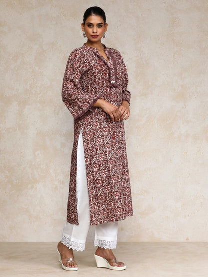 Varanga Women Ethnic Floral Printed Straight Kurta Brown