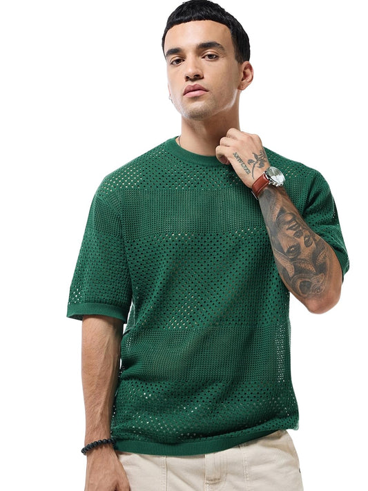 Bewakoof Mens Self Design Oversized Fit Half Sleeve Round Neck Pure Cotton T-Shirt_633529_Green_L