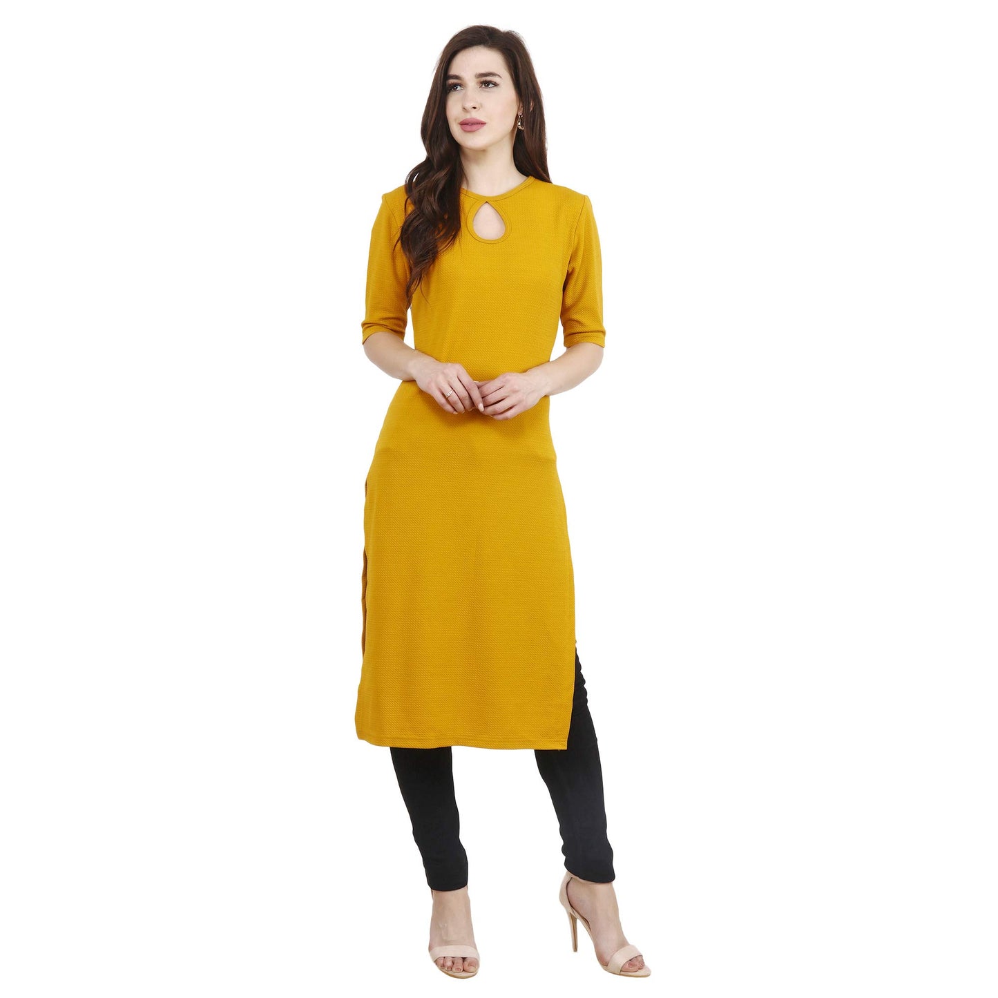 Popwings Casual Mustard Key Hole Streachable Kurti
