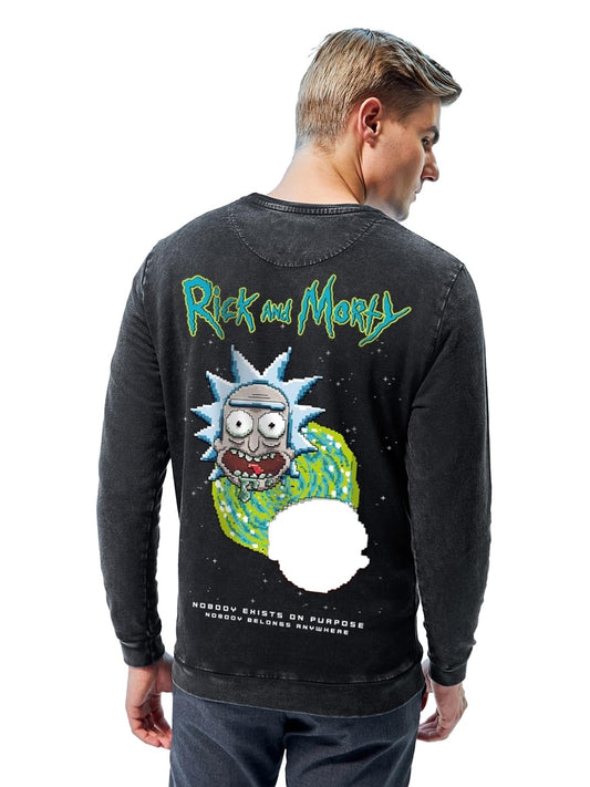 Bewakoof Official Rick and Morty Merchandise Mens Graphic Print Regular Fit Full Sleeve Round Neck Fleece Sweatshirt_628901_Bla
