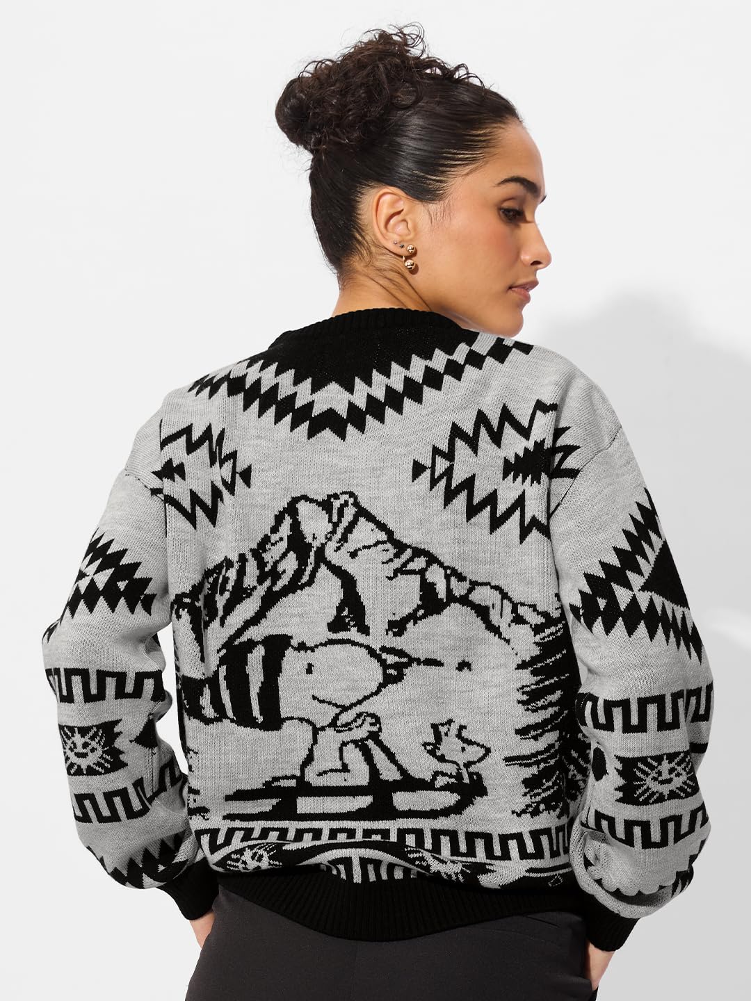 The Souled Store Official Peanuts : Explorer Cable Knit Women Oversized Sweater Grey