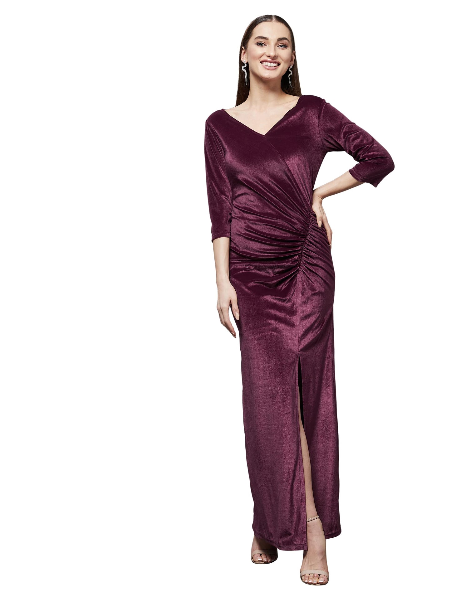 Miss Chase WomenS Dark Mauve V-Neck 3/4Th Sleeve Solid Ruched Maxi Dress (Mcss22D99-68-255-04, Dark Mauve, M)