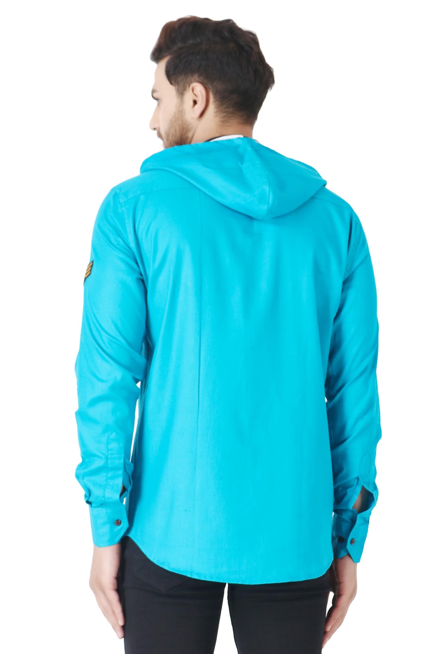 Besix MenS Blue Tailored Fit Cotton Blend Shirt For Man With Hoodie - Casual Long Sleeve Shirt With Pockets - Patch Detail For