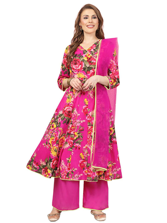 A.T.U.N. (ALL THINGS UBER NICE) Womens Floral Printed Angrakha Pure Cotton Kurta with Palazzos & Dupatta Set | Traditional Ethnic Wear Clothing Set