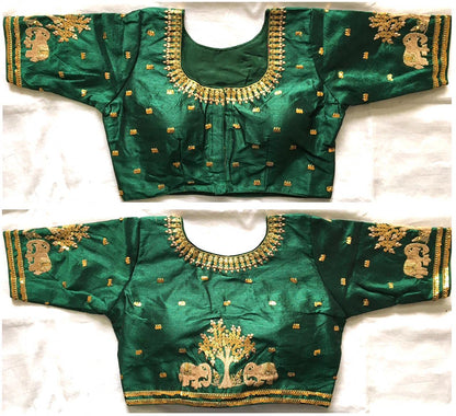 Pujia Mills WomenS Multicolor Phantom Silk Heavy Elephant Gold Thread Embroidery Sequins Zari Work Half Sleeves Readymade Saree
