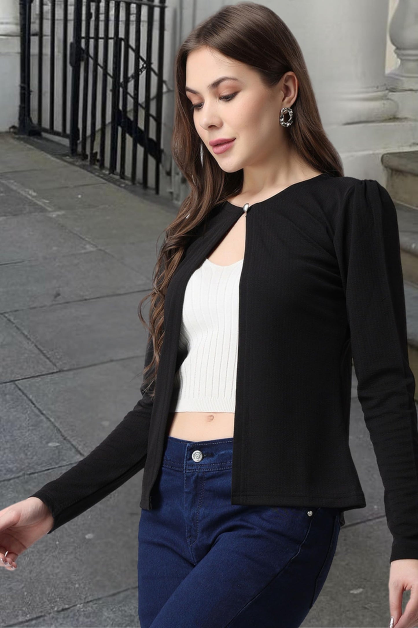 POPWINGS Casual Black Solid Front Open Shrug for Women || Latest Stylish Summer Wear Shrugs for Women || Hip-Length Women Shrug