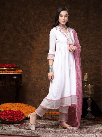 Stylum WomenS White Solid & Embroidered Italian Crush Anarkali Kurta Pant Dupatta Set