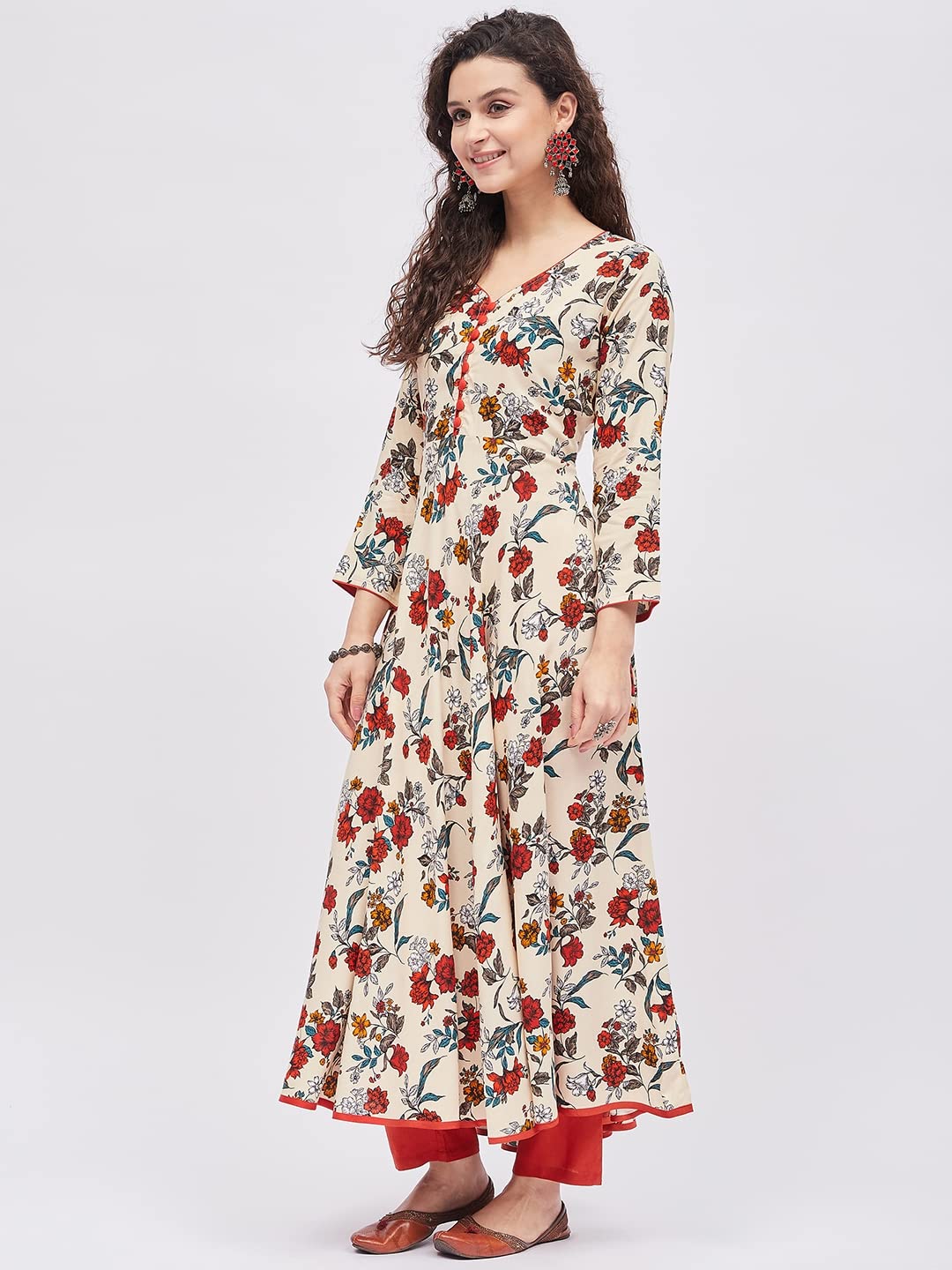 Tissu Women'S Rayon Cream & Orange Floral Printed A-Line Kurta 2221_Cream_4Xl