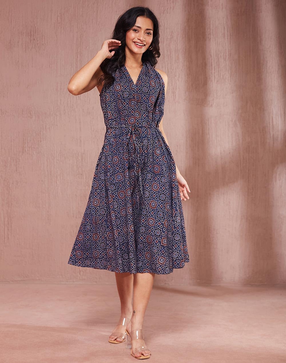 Fabindia WomenS Cotton A-Line Midi Dress (1037627Blue-Red_Blue