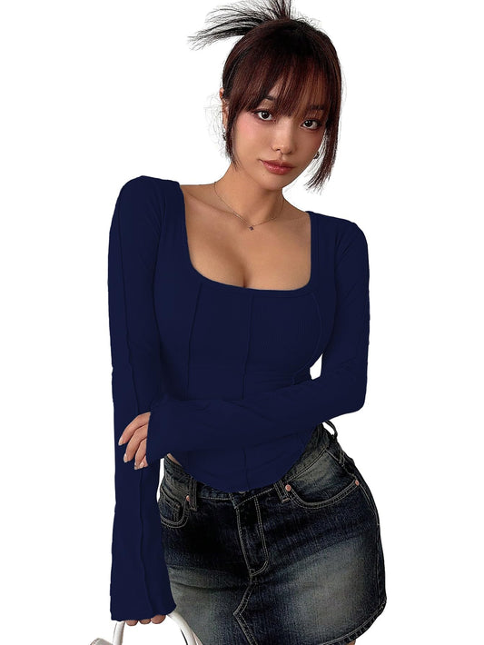 Sugathari Womens Navy Blue Solid Long Sleeve Wrap-Style Square Split Crew Neck Bodycon Women T-Shirt Spring And Summer, Minimal