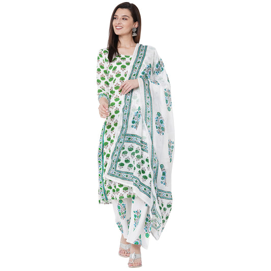 Anni Designer WomenS Pure Cotton Floral Printed Kurta,Palazzos And Dupatta (Jaipuri Green Stly_Xl_Green_X-Large)