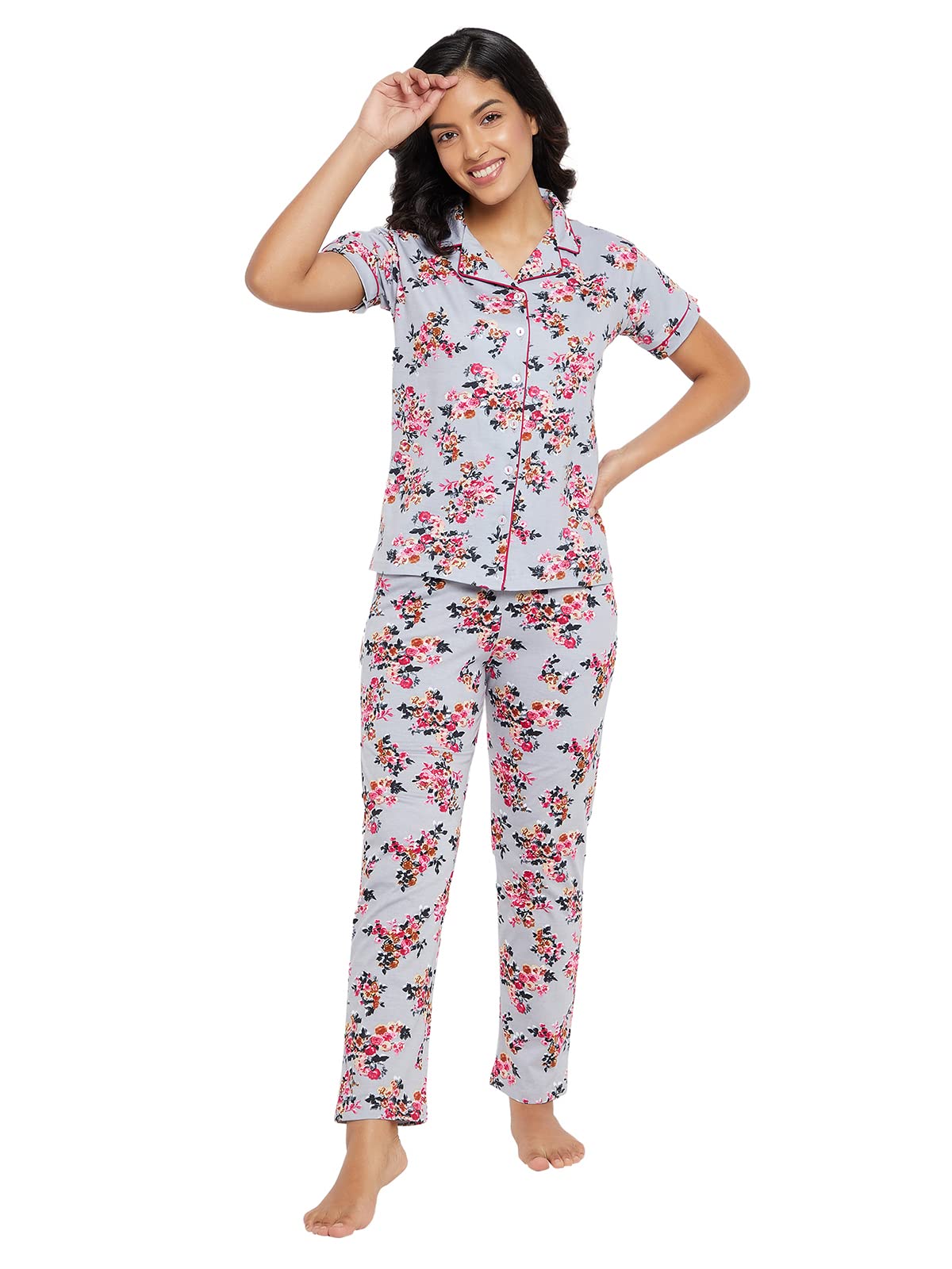 Clovia Womens Cotton Button Down Floral Print Top & Pyjama Set (LS0025G01_Grey_M)