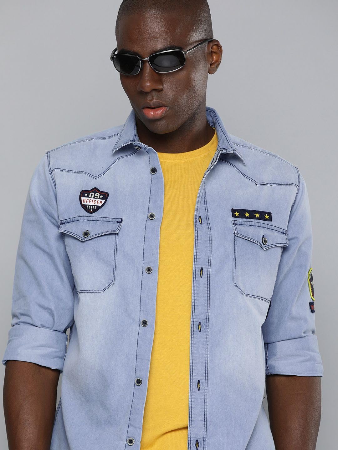 The Indian Garage Co Men Light Blue Solid Slim Fit Casual Denim Shirt
