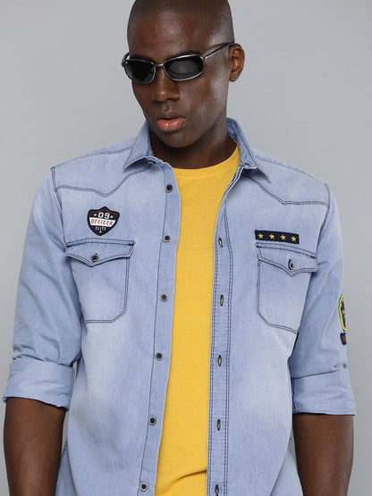 The Indian Garage Co Men Light Blue Solid Slim Fit Casual Denim Shirt