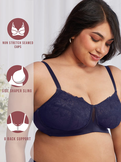 Nykd WomenS Floral Mesh Wirefree Non Padded Bra With Medium Coverage | Deatiled Lace | Bridal Collection - Bra, Nyb230, Navy, 3