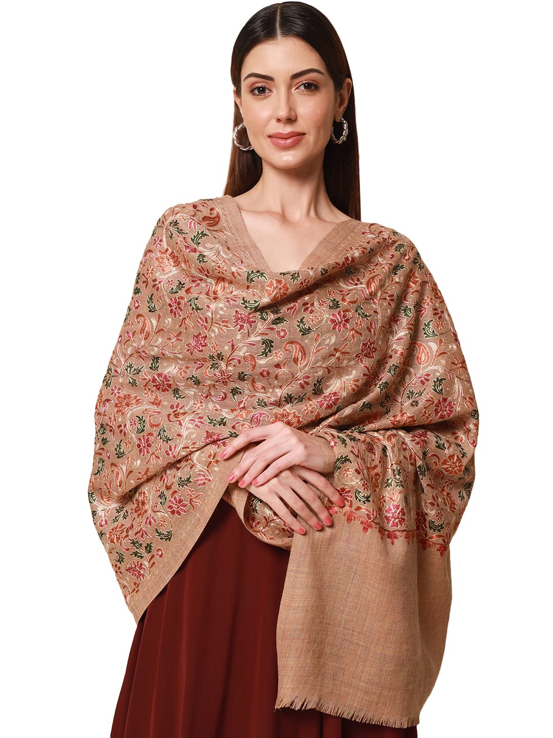 Pashmoda Womens 100% Pure Wool Nalki Embroidered Stole, Shawl and Wrap, Woolmark Certified, Sustainable and Natural Fabric (Size
