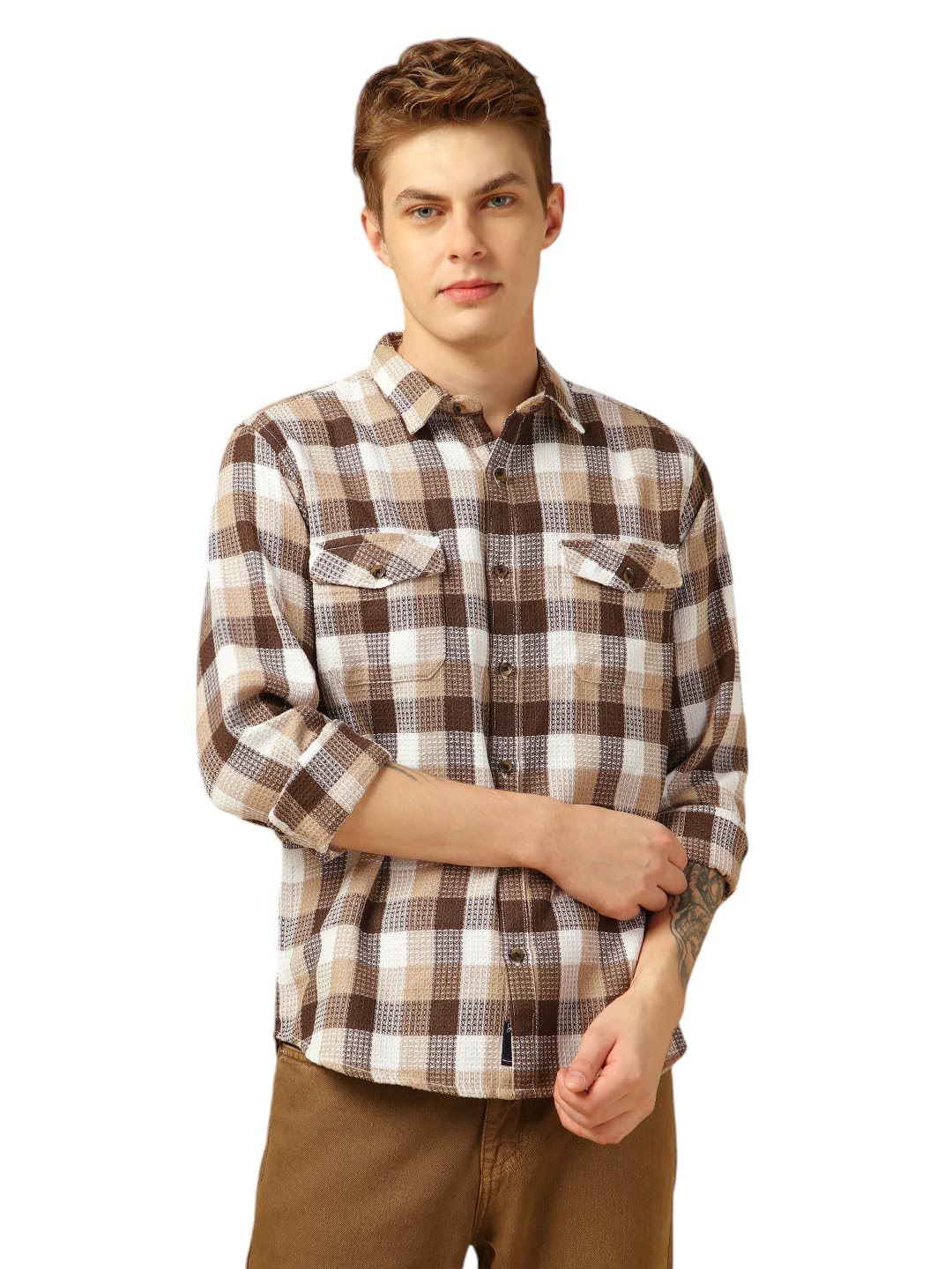 Dennis Lingo Men Relaxed Fit Cotton Full Sleeves Checks Casual Shirts Brown