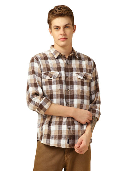 Dennis Lingo Men Relaxed Fit Cotton Full Sleeves Checks Casual Shirts Brown