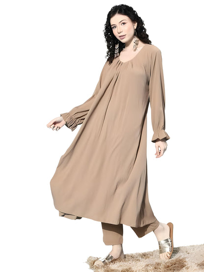 Varanga Women Beige Colour, Bishop Sleeve A-Line Kurta Paired With Tonal Bottom  Elegant & Comfortable Ethnic Wear For Women, Pe