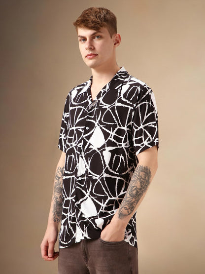 Dennis Lingo Men Black Rayon Half Sleeve Cuban Collar Printed Shirts_Dlmshsp24003