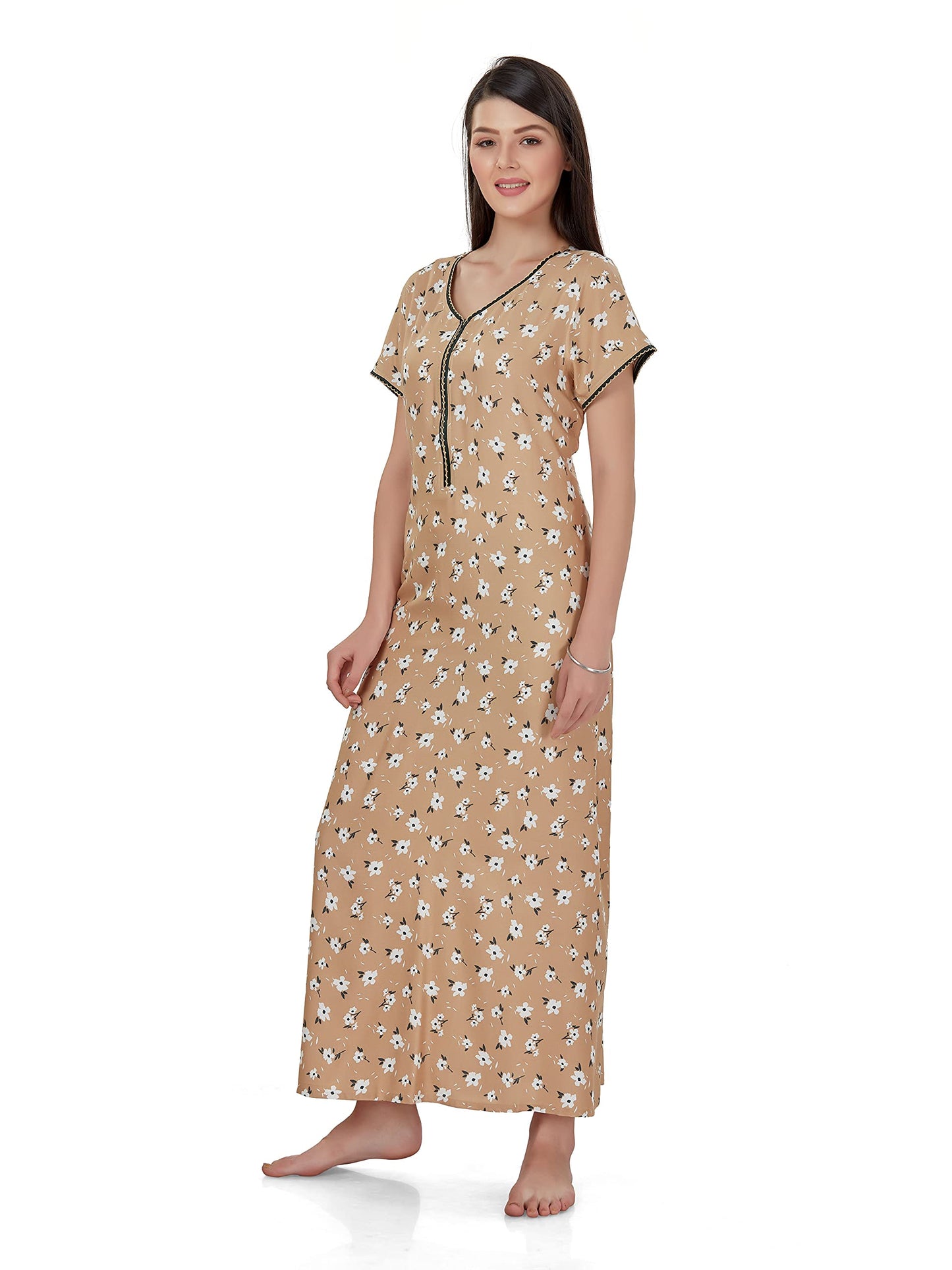 Evolove WomenS Viscose Liva Long Maxi Night Gown Nighty Dress With Pocket & Zipper, Super Soft Comfortable (Bud Brown, Lngco154