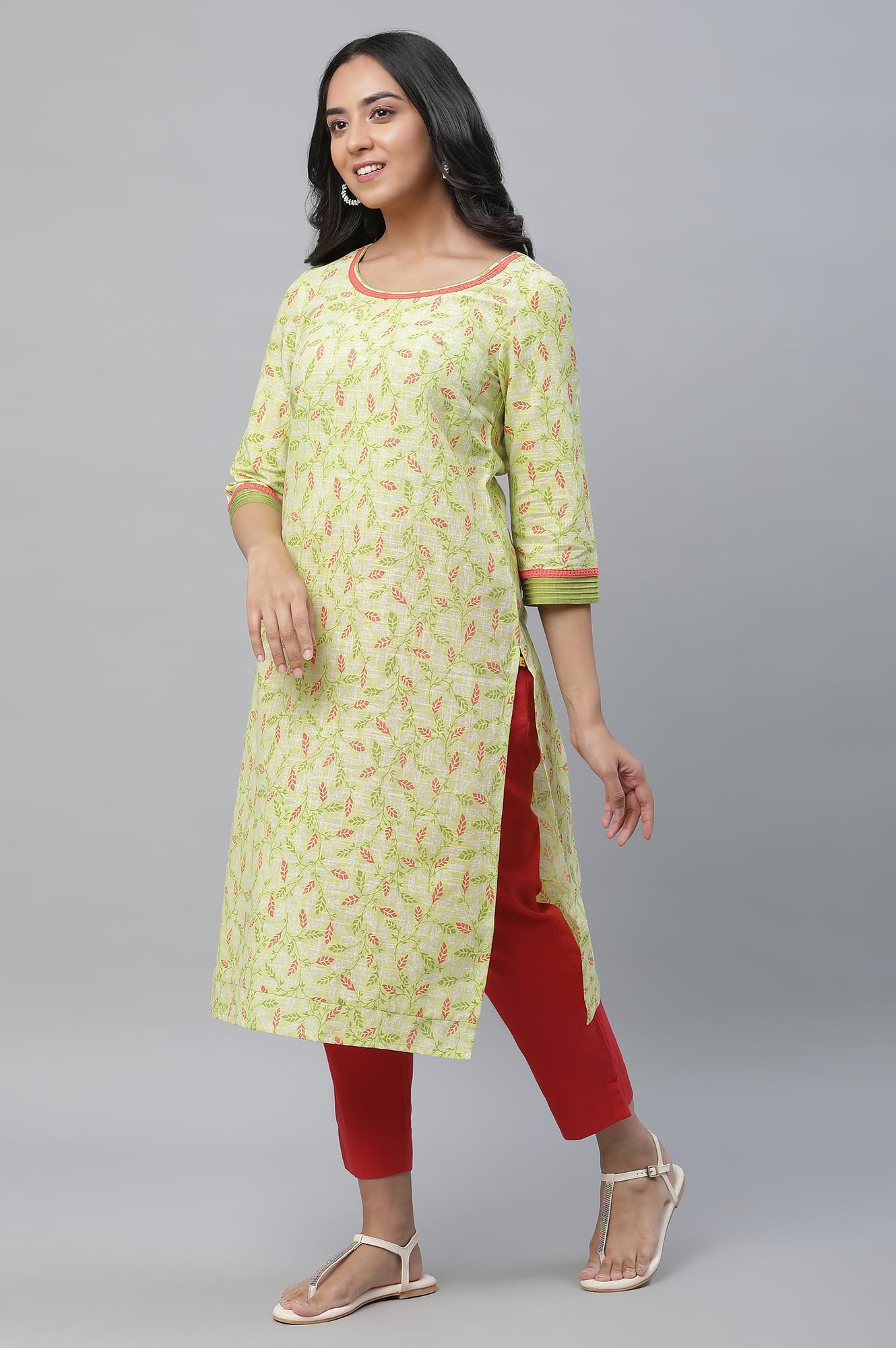 Aurelia Green Leaf Print Cotton Regular Kurta For Women