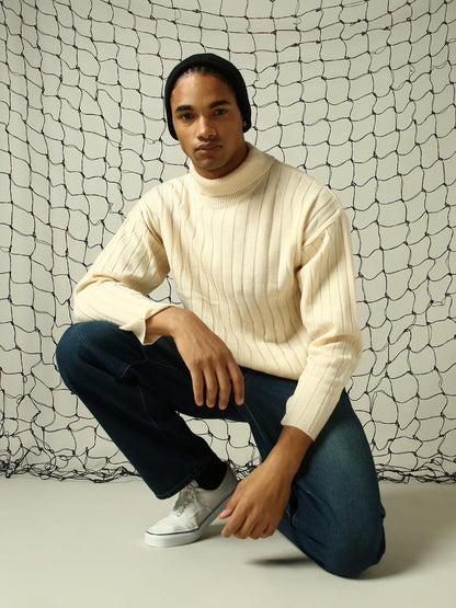Hubberholme Men Knitted Acrylic Oversized Fit Turtle Neck Long Sleeve Sweaters Off White