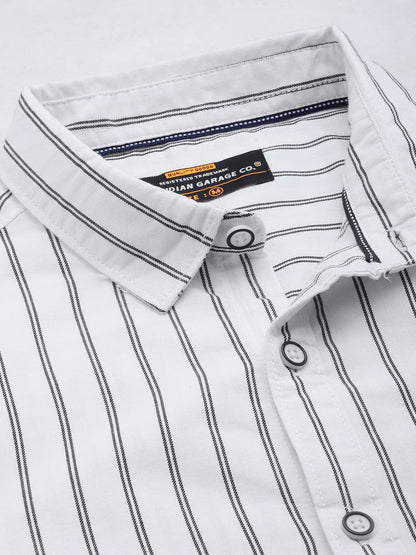 The Indian Garage Co Men White Striped Slim Fit Cotton Casual Shirt