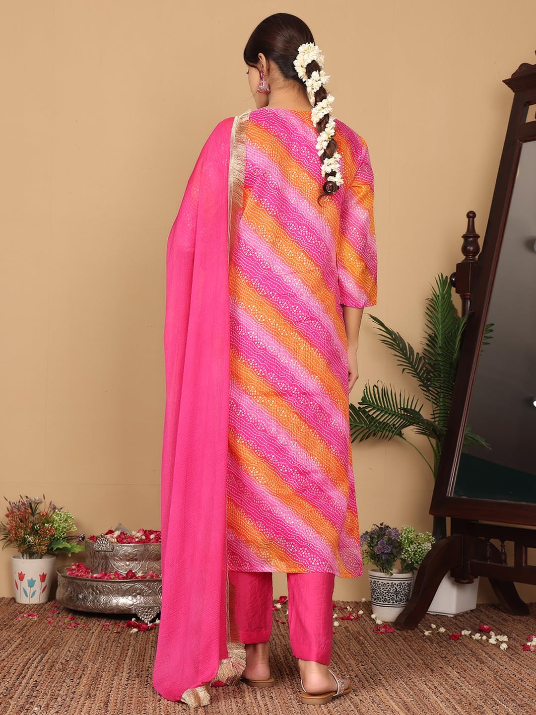 Varanga Women Pink Foil Printed Bandhani Zari Embroidered Kurta with Bottom and Dupatta
