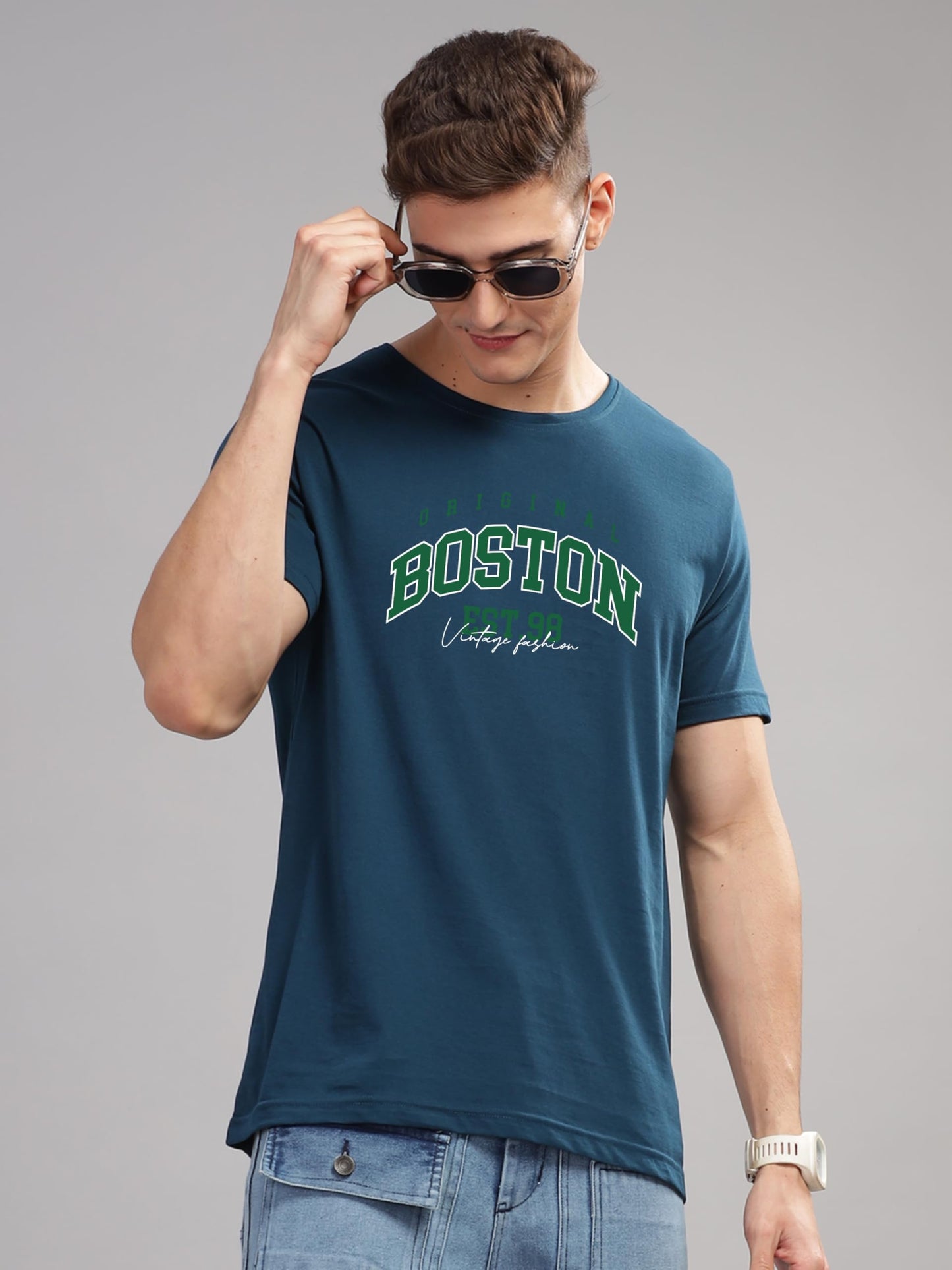 ADRO Mens Printed T Shirt - Premium Cotton Graphic Printed Tshirt - Teal T-Shirt - RN24-BOST-SB