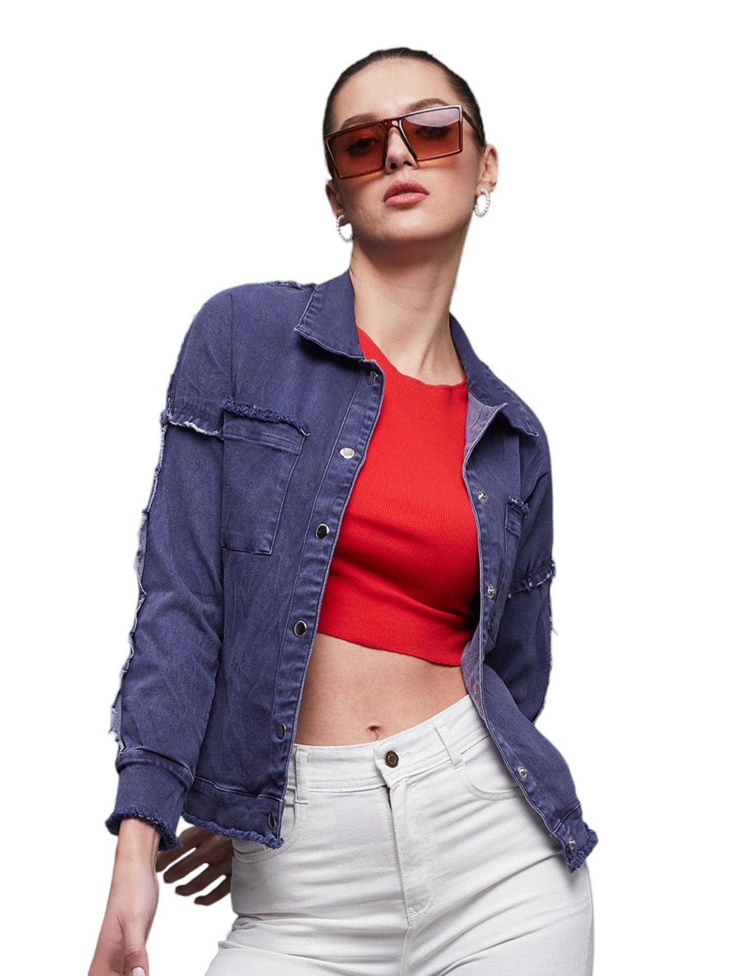 Miss Chase Womens Polo-Neck Full-Sleeve Solid Bomber Jacket (MCAW19DEN05-56-392-06, Vivid Blue, XL)
