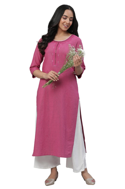 Aurelia Pink Striped Cotton Embroidered Regular Kurta