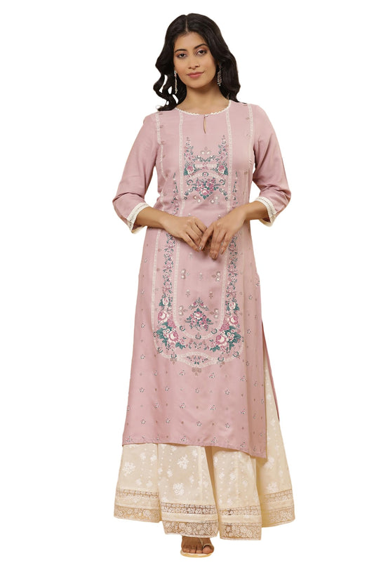 W for Woman W Women Purple Festive Floral Print Viscose Kurta Set With Divided Skirt