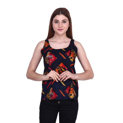 POPWINGS Casual Sleeveless Round Neck Foil/Graphic Print Regular Top for Women, Blue/Multicolor