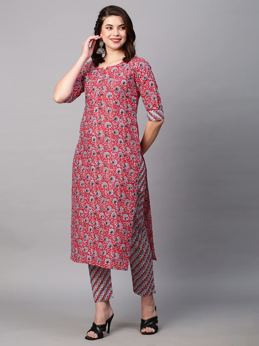 ANNI DESIGNER Women's Cotton Blend Printed Straight Kurta with Pant (Janar Red-Nw01)