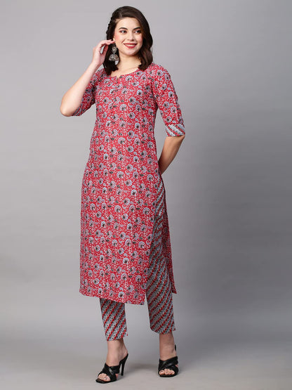 ANNI DESIGNER Women's Cotton Blend Traditional Straight Printed Kurta and Pant Set (Janar Dark Blue-FBF001)
