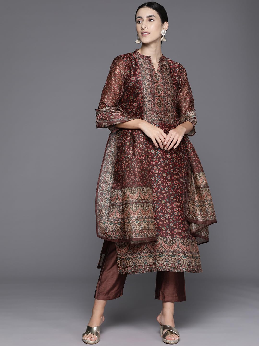 Varanga Women Brown Printed Straight Kurta With Solid Bottom And Printed Dupatta  Floral Mandarin Collar, Three Quarter Sleeves,