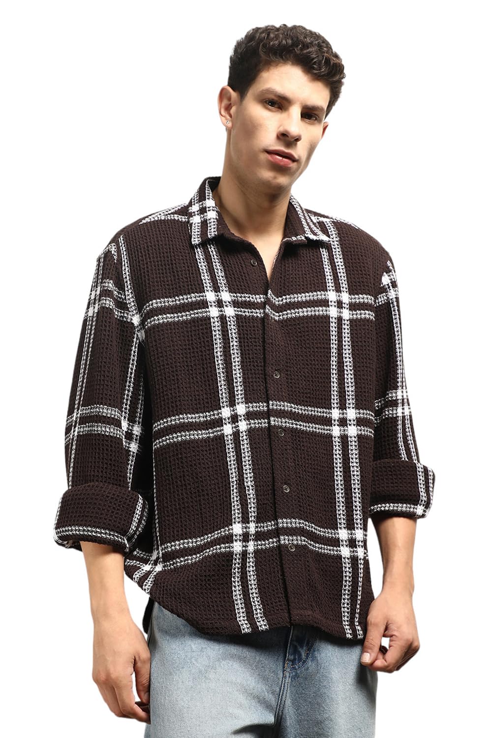 Hubberholme Men Summer Cotton Spread Collar Long Sleeves Oversized Casual Shirt 29 Brown
