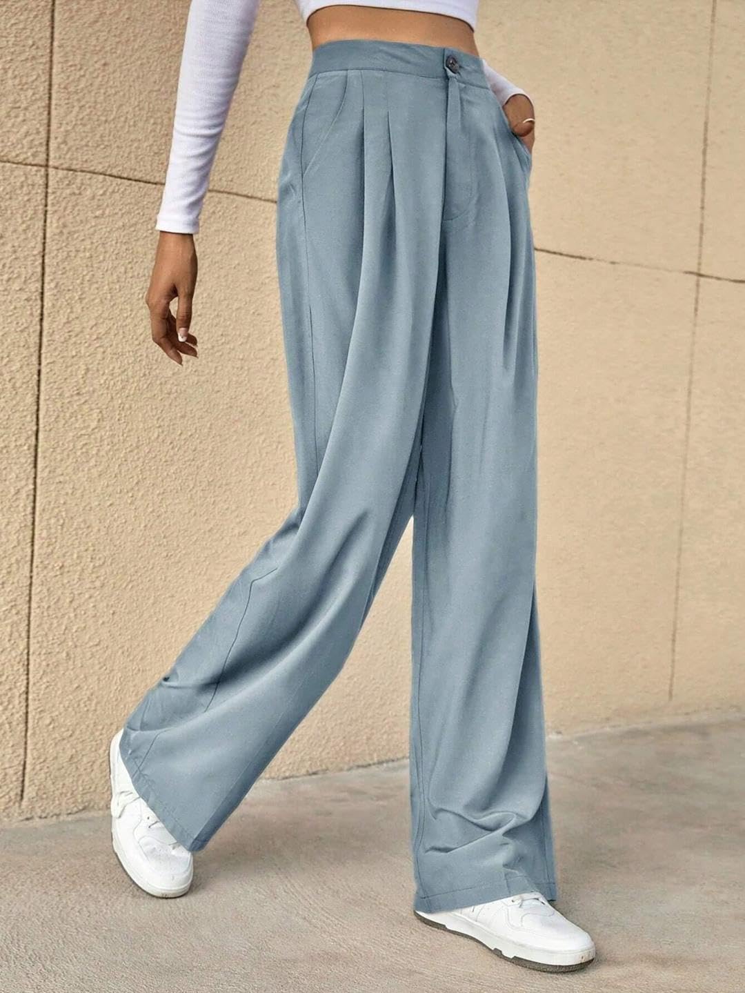 Kotty WomenS Cotton Blend Straight Fit Cross Pocket Solid Trousers Sky Blue