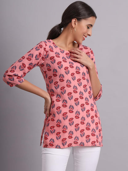 Patlani WomenS Cotton Printed Short Fullstitched Kurti/Kurtas. Pink