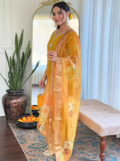Naixa WomenS Yellow Chanderi Viscose With Full Inner Embroidered Straight Kurta With Chanderi Viscose With Full Inner Pant And