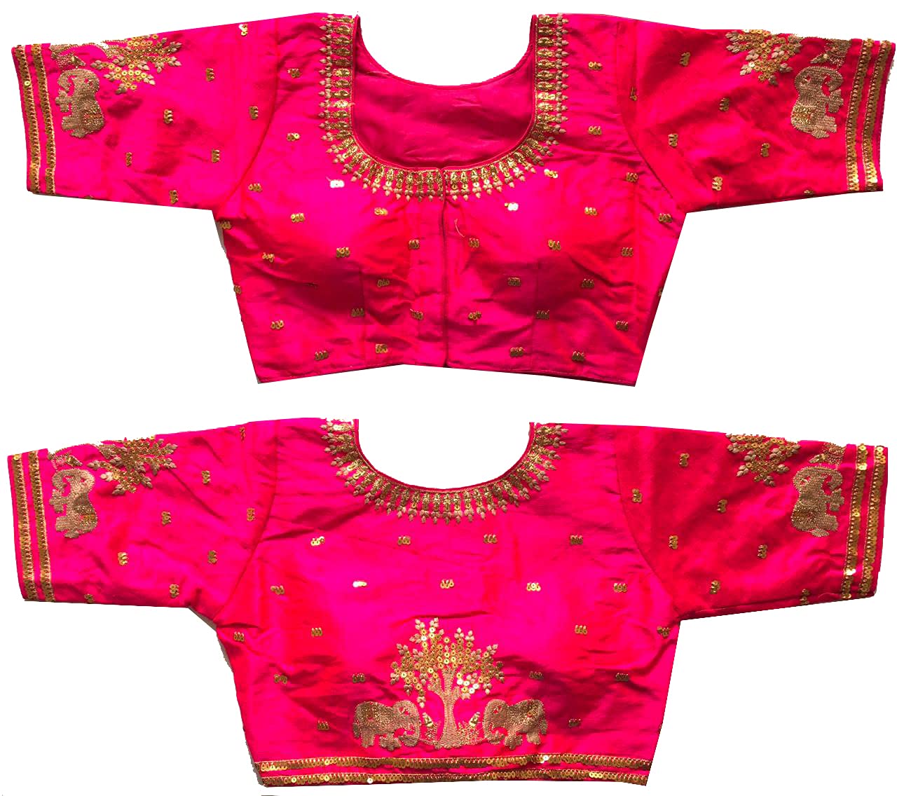 Pujia Mills WomenS Multicolor Phantom Silk Heavy Elephant Gold Thread Embroidery Sequins Zari Work Half Sleeves Readymade Saree