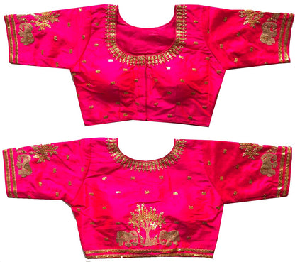 Pujia Mills WomenS Multicolor Phantom Silk Heavy Elephant Gold Thread Embroidery Sequins Zari Work Half Sleeves Readymade Saree