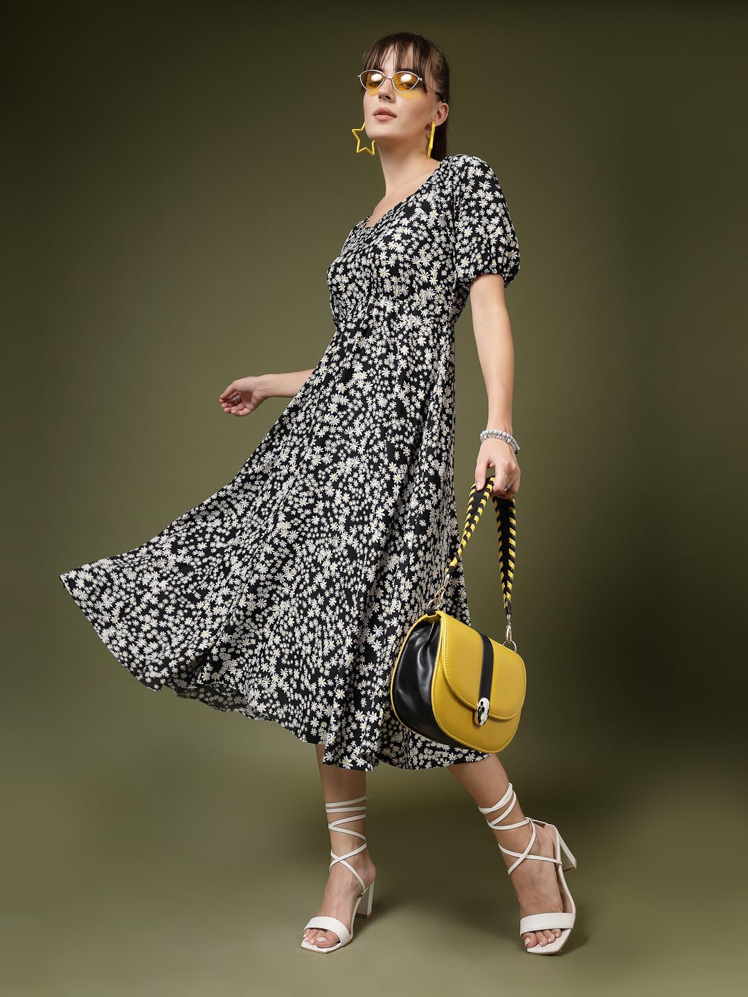 Oomph! Flared Dress For Women Stylish | Long One Piece For Women | Puff Sleeve Long Dress | Floral Print Maxi One Piece | Wester