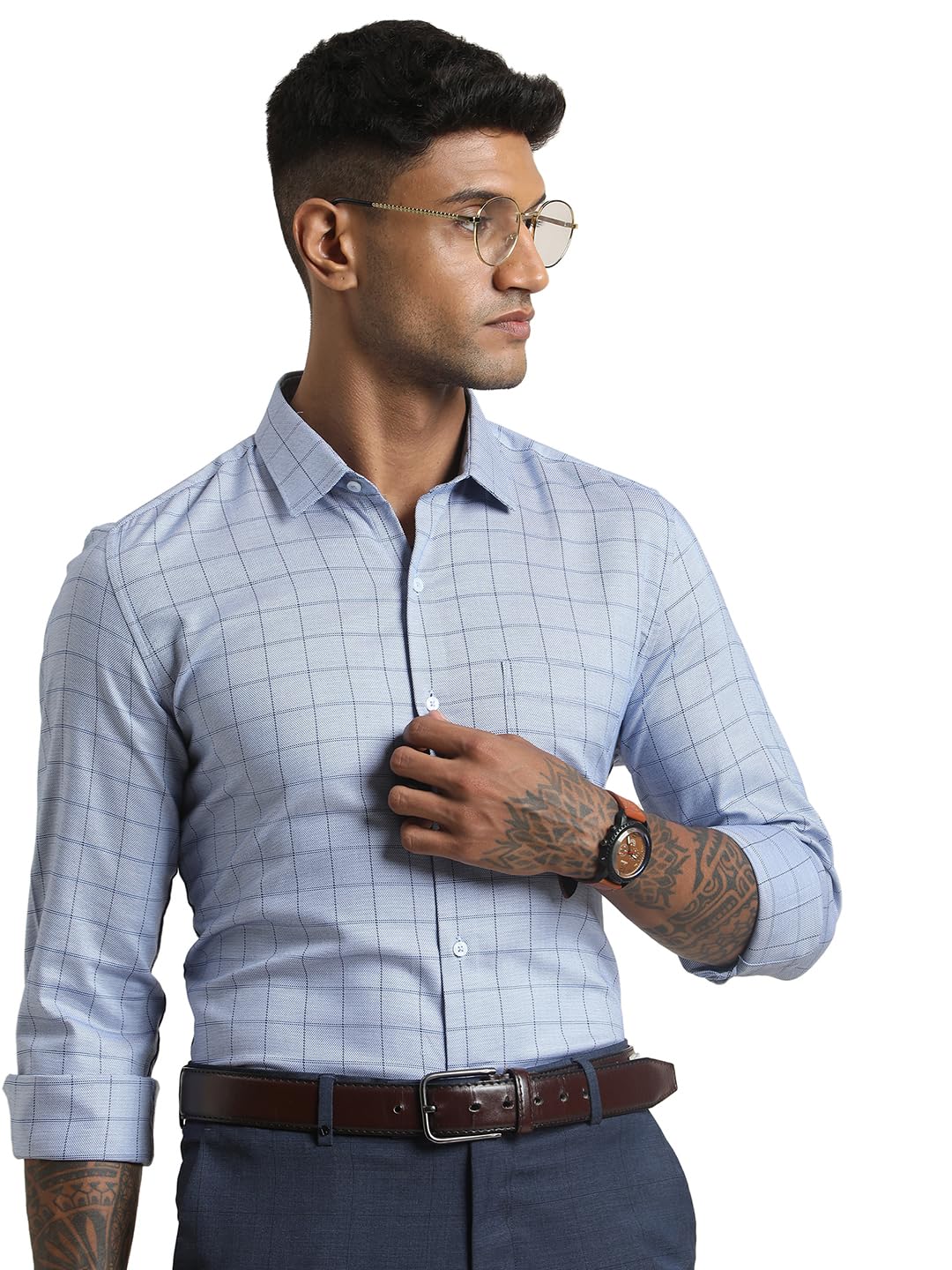 Turtle Men Pure Cotton Slim Fit Checkered Light Blue Formal Shirt
