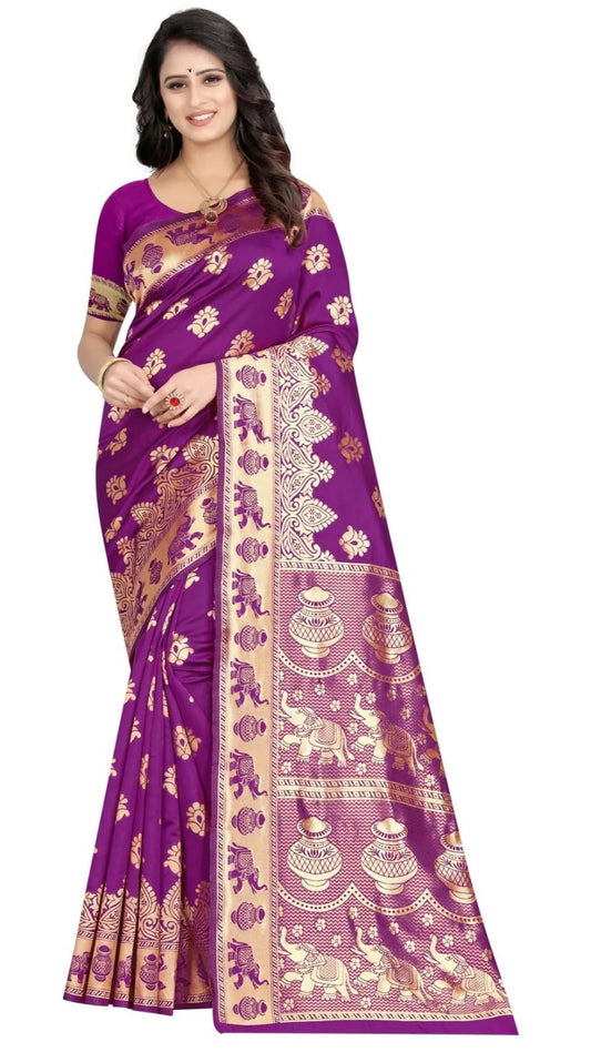 Yashika Womens Purple Banarasi Kanjivaram Cotton Silk Saree With Unstitched Blouse Material and Kalamkari | Saree for Women (AZ