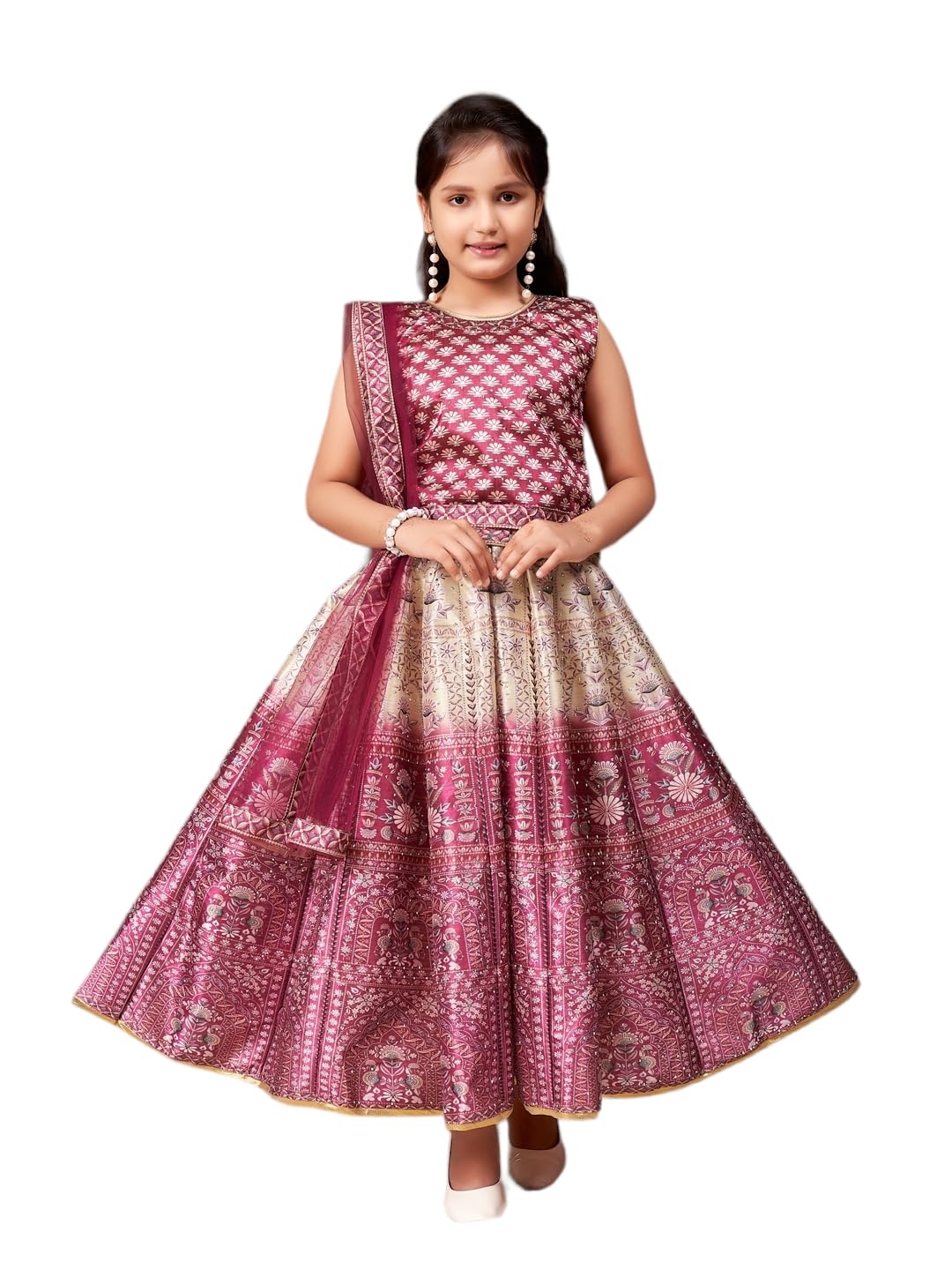 Aarika Girls Ethnic Wear Wine Colour Floral Print Embellished Stone Silk Lehenga Choli Set (5-11 Years)